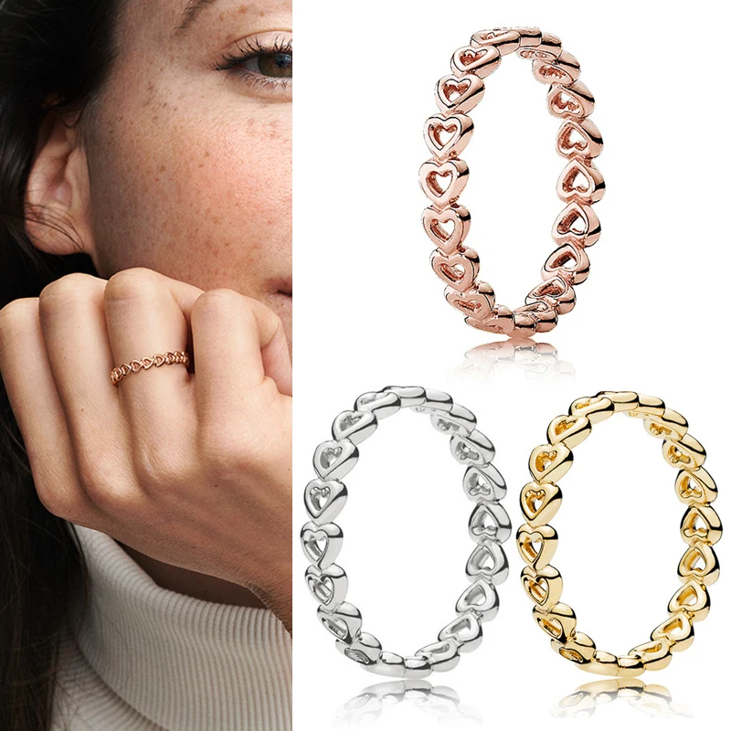 

Original 925 кольцо Silver Pan Ring Romantic Heart-shaped Hollow Out Tricolor Ring For Women Wedding Party Fashion Jewelry