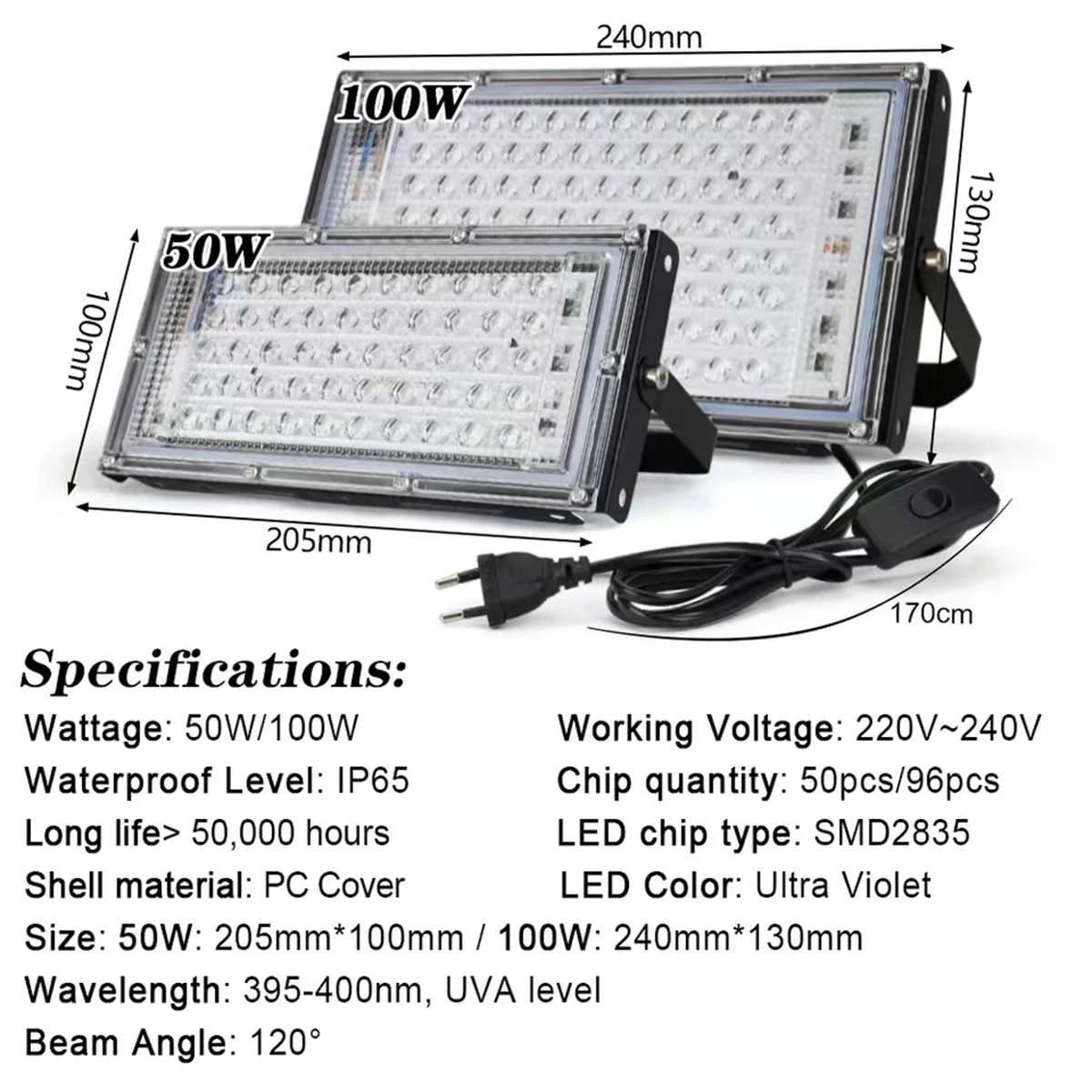 Фото Прожектор Led Uv 50w 100w 395 нм Профессиональный сценический черный свет ультрафиолетовый прожектор №2