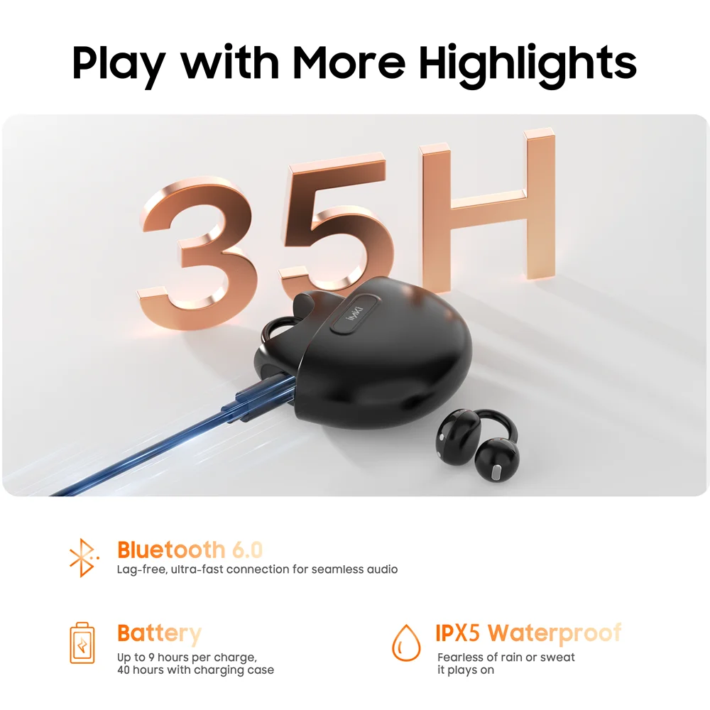 Фото Беспроводные наушники-клипсы IMIKI SP2 с открытым ухом, Bluetooth 5.4, 4 микрофона, ENC, чистый звук при звонках, водонепроницаемые, для спорта №2