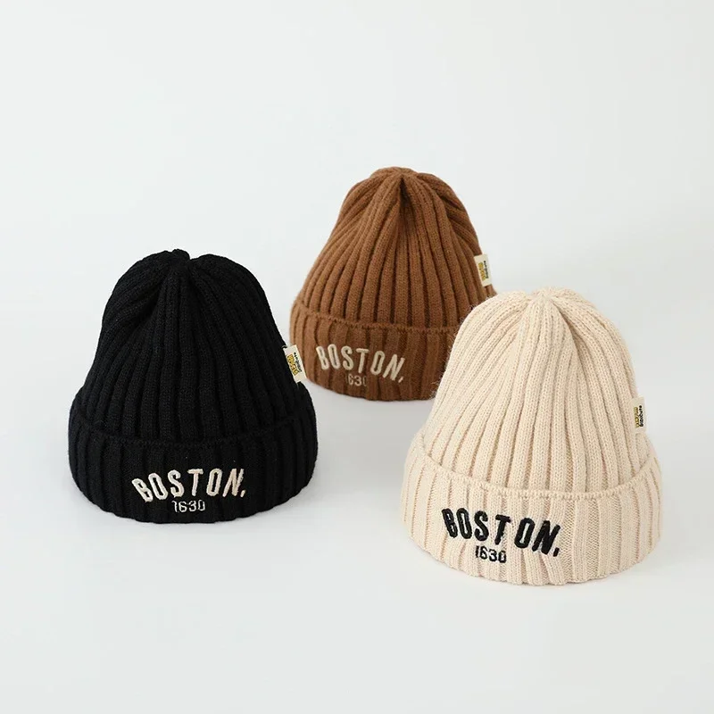 

Letter Embroidered Baby Knit Hat Winter Warm Cap for Toddler Boy Girl Korean Solid Color Stripe Kids Crochet Bonnet Baby Cap