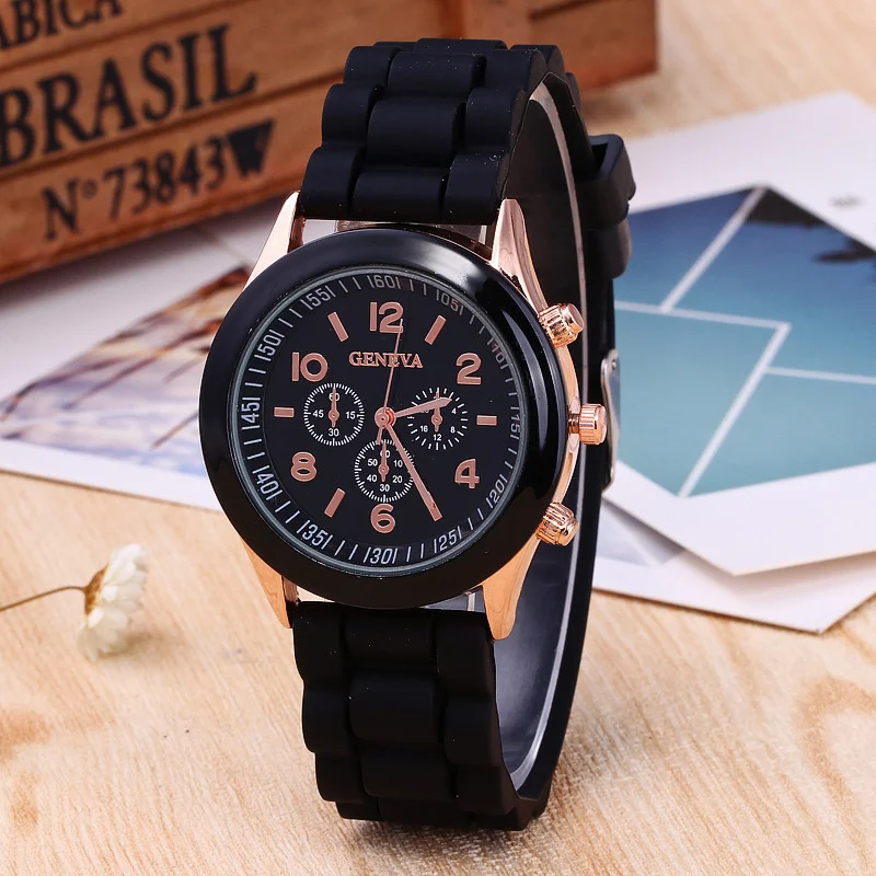 Наручные часы бренда Geneva женские черные спортивные часы с силиконовым ремешком, кварцевые наручные часы для девушек, студентов, Reloj Mujer Relogio Feminino