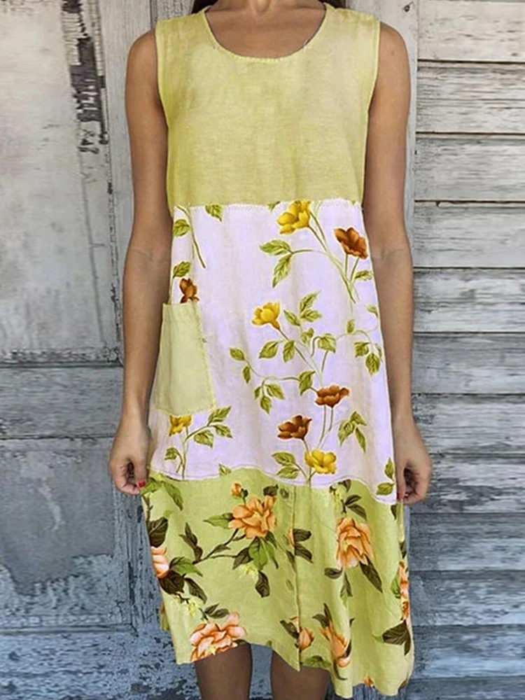 

Summer Casual Sleeveless O-neck Vest Dress Women Retro Floral Print Patchwork A-line Dress Ladies Harajuku Loose Commuter Dress