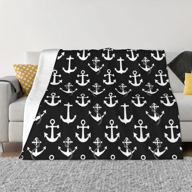 

Black And White Nautical Anchor Pattern Blanket Fleece Spring Autumn Warm Flannel Sailing Sailor Throw Blankets Bedspread