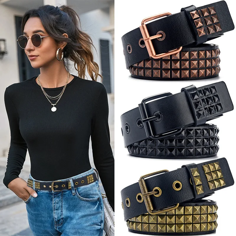 Deepeel 3.8*110cm Rivet Punk Wide Belt for Women Leather Corset Belts Unisex Waistband with Jeans Luxury Designer Gothic Style