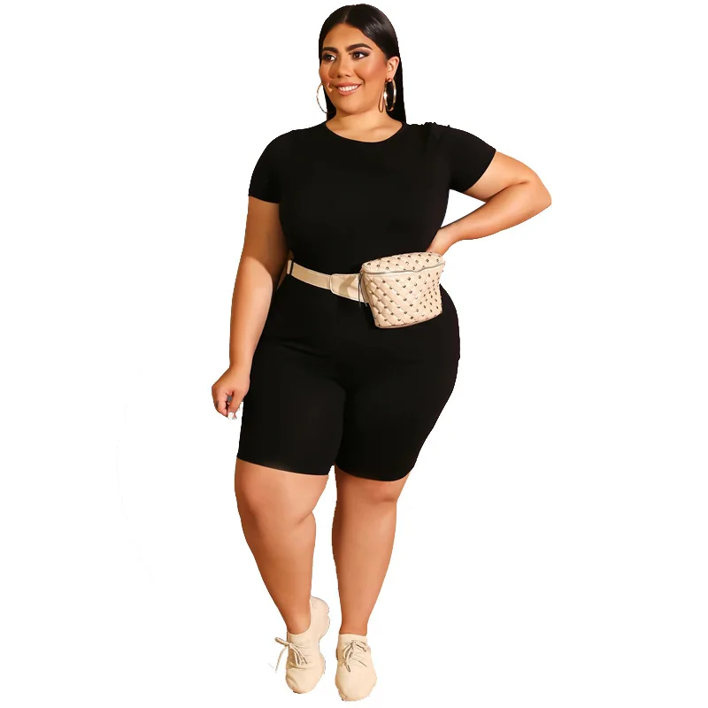 Womens Two Peice Sets Plus Size O-Neck Solid Knee-length Plus Size Matching Sets Short Slim Fit Casual Elastic Waist High Waist