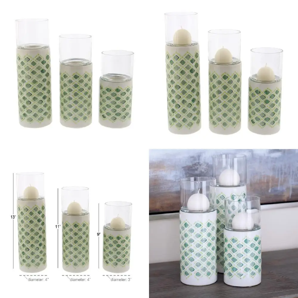 

Elegant 9, 11, And 13 Inch Lattice Patterned White, Green Ceramic And Glass Candle Holders - Set of 3