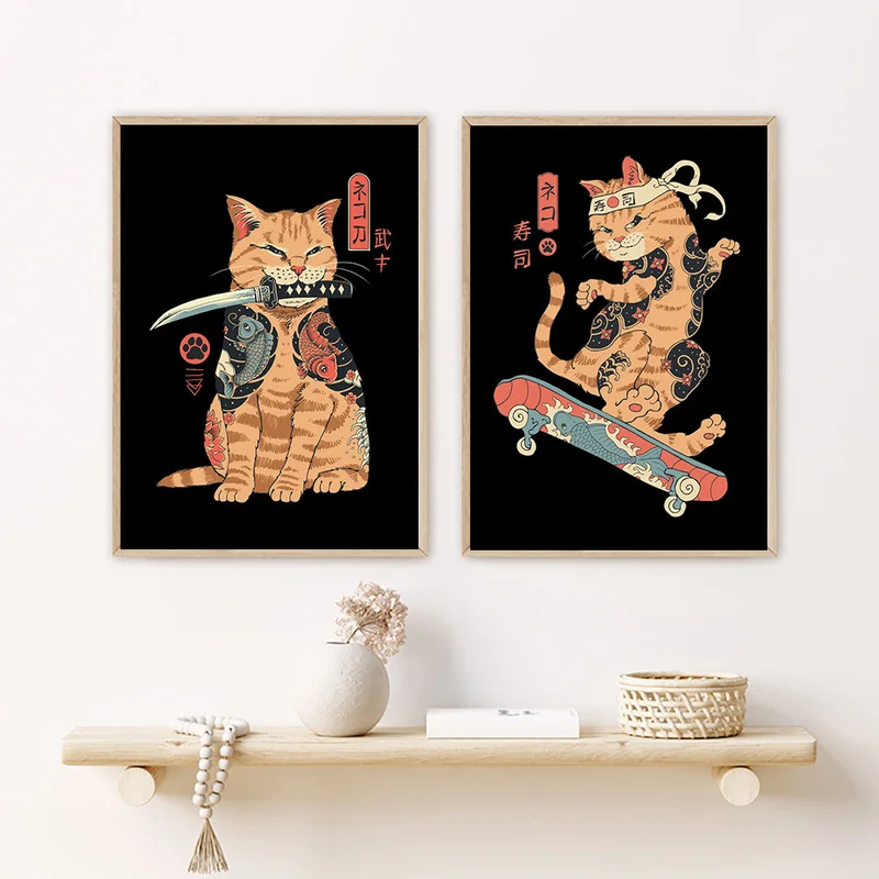 Абстрактная картина из мультфильма аниме животное на холсте японский самурай