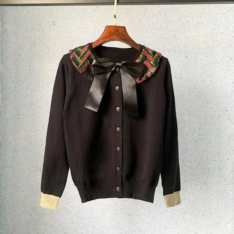 

Кардиган с воротником-куклой и блестками, элегантный однобортный свободный черный свитер с бантом, брендовая Дизайнерская одежда