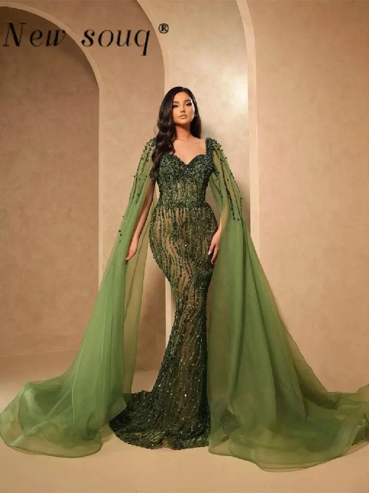 

Green Arabic Luxury Beaded Mermaid Cape Sleeves Evening Dresses 2023 Long Sparkle Formal Occasion Gowns For Women Wedding Party