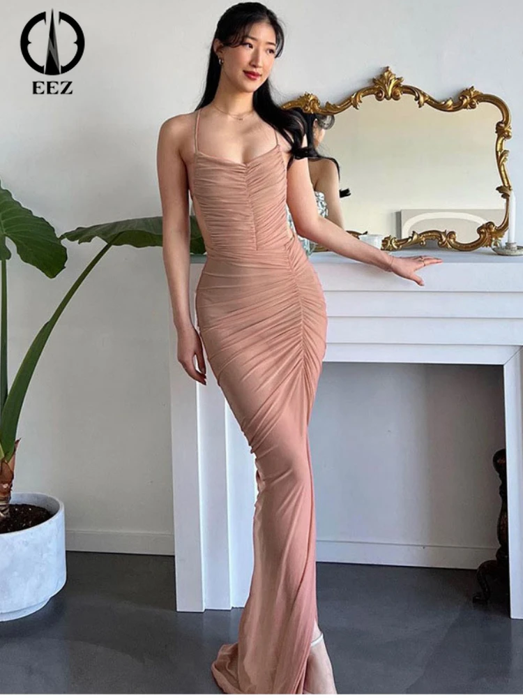 

Ruched Sexy Backless High Split Maxi Dress Women Spaghetti Strap Lace Up Backless Coquette Bodycon Dress Club Evening Vestido
