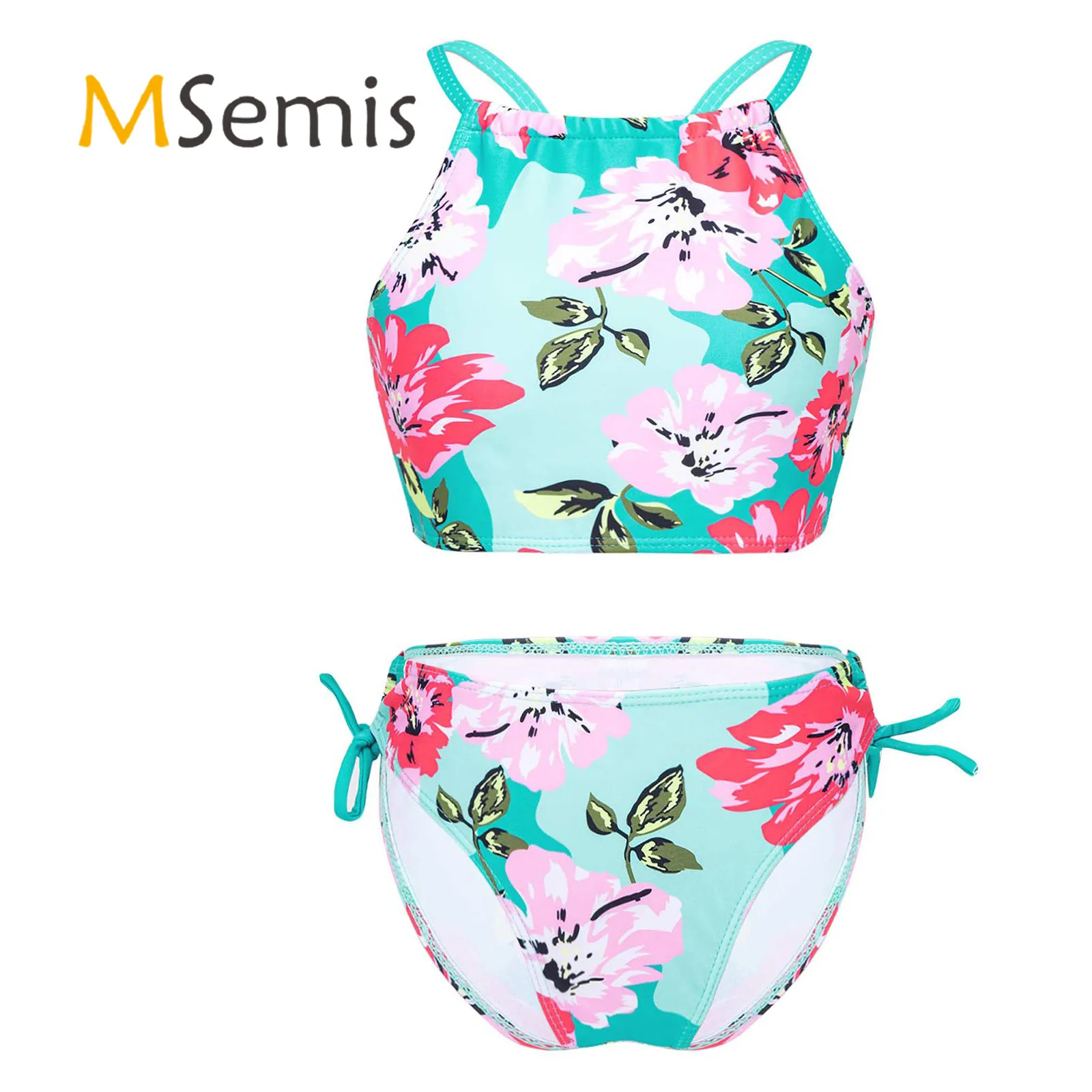 

Kids Girls Bikini Tankini Swimsuit Vibrant Fruits Print Bathing Swimwear Open Back Removable Chest Pads Tops Drawstring Briefs
