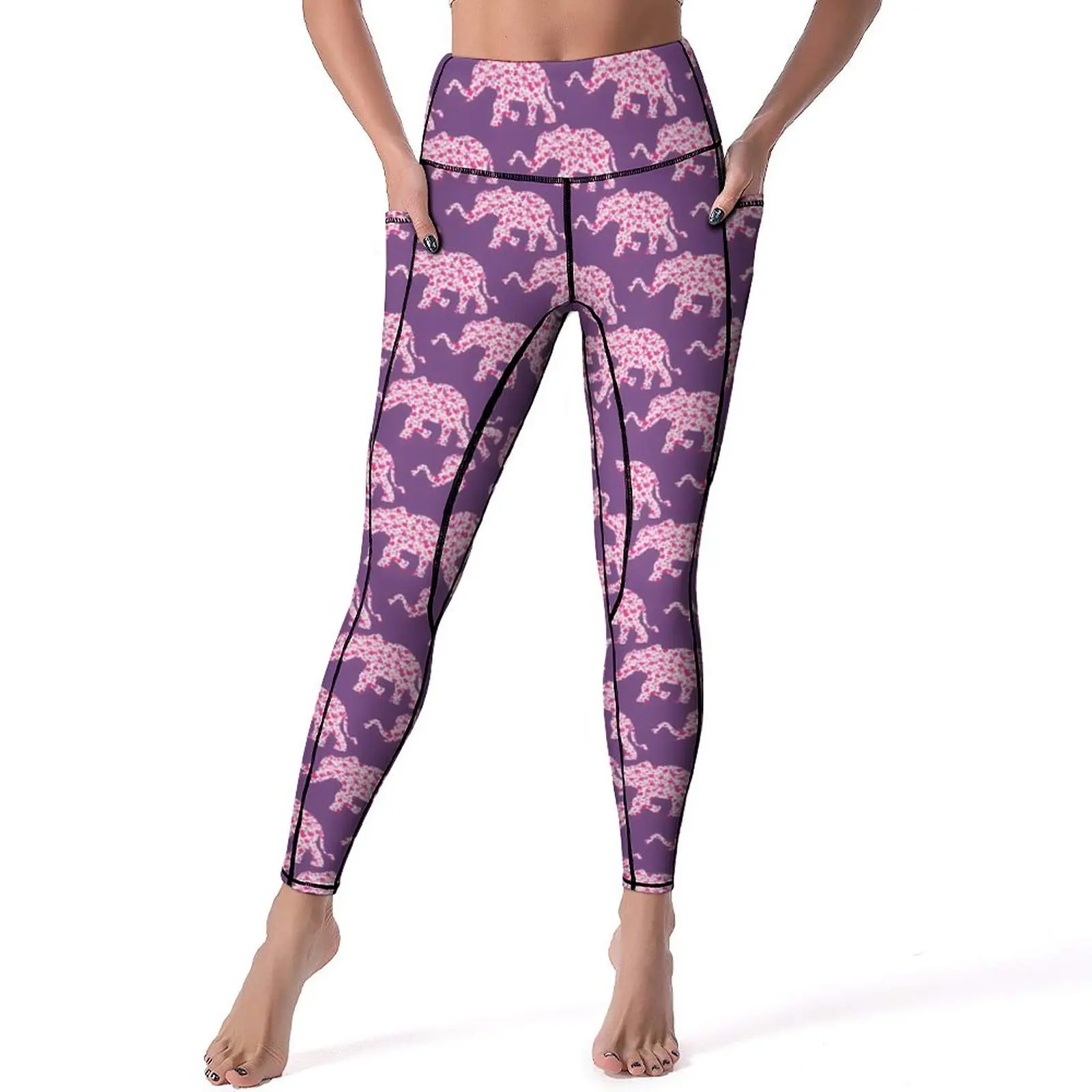 

Elephant Print Yoga Pants Pockets Lady Pink Hearts Leggings Sexy High Waist Elegant Yoga Sport Legging Elastic Workout Leggins