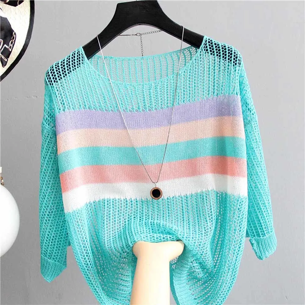 

Summer Casual Pullover Women Knitted Tops Hollow Out Female Sweaters O-neck Striped Loose Knitting Shirt