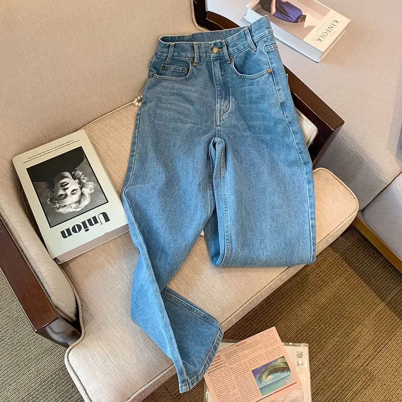 women's Korean version 2022 spring new embroidered high-waisted simple jeans straight-leg loose and thin casual wide-leg pants