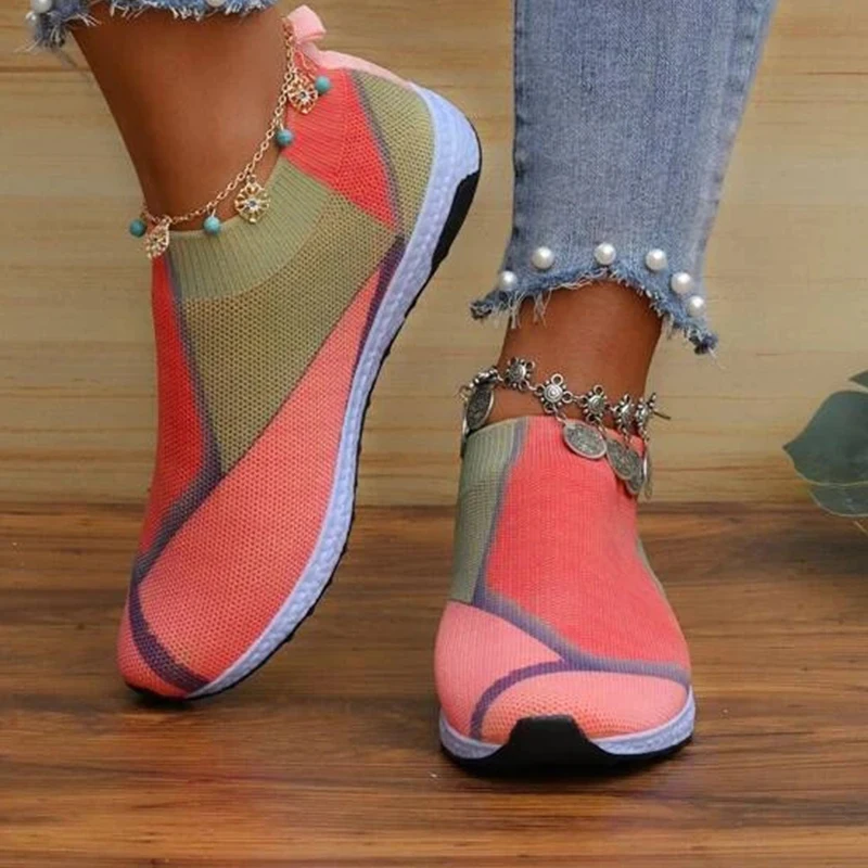 Fashion Color Matching Women Sneakers Breath Mesh Sock Shoes Lace Up Flat Heel Lightweight Sole Leisure Shoes Running 2023 New