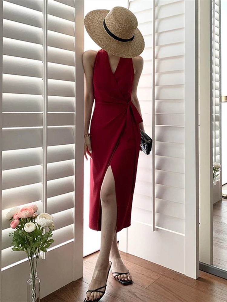 

New Summer Women Sleeveless Halter Dress Runway Lace Up Slit Bodycon Dress Ladies Sexy Club Celebrity Evening Clothes