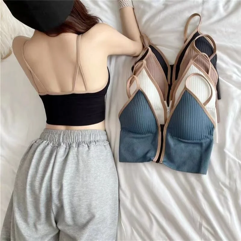 Топ женский хлопковый бесшовный на молнии спереди с чашками пуш-ап | Женская