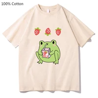 womenmen summer t shirt cute frog drink strawberry milk tea printed tshirts short sleeve kawaii clothing for girls 100 cotton