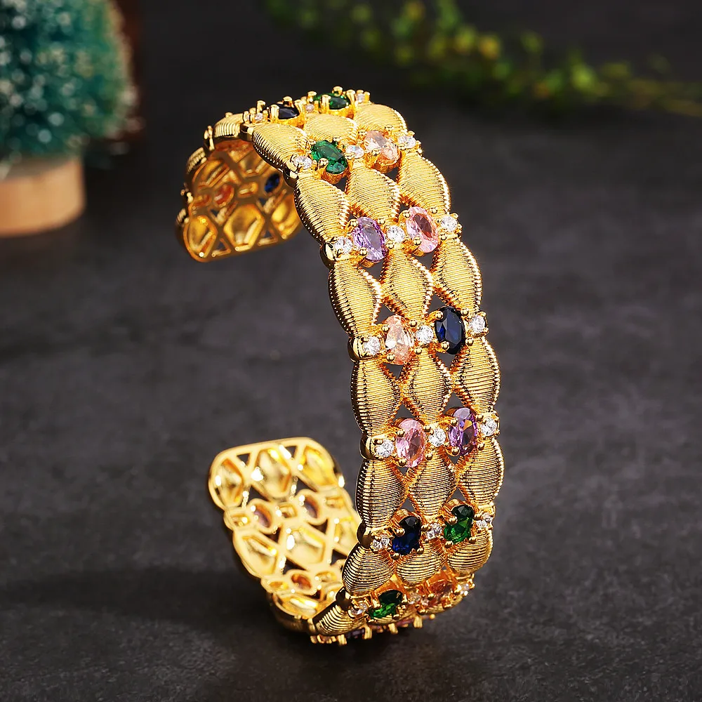 

Sparkling AAA Zircon Stone Luxury 18K Yellow Gold Color Cuff Bracelets for Women Vintage Bohemia Trendy Bangle Fine Jewelry