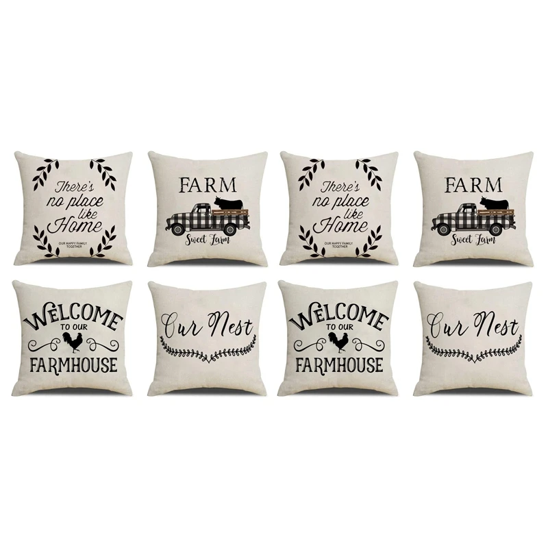 

8X Farmhouse Throw Pillow Covers Linen Rustic Farm Cushion Cover For Couch Sofa Bed 18X18 Farmhouse Decor Promotion