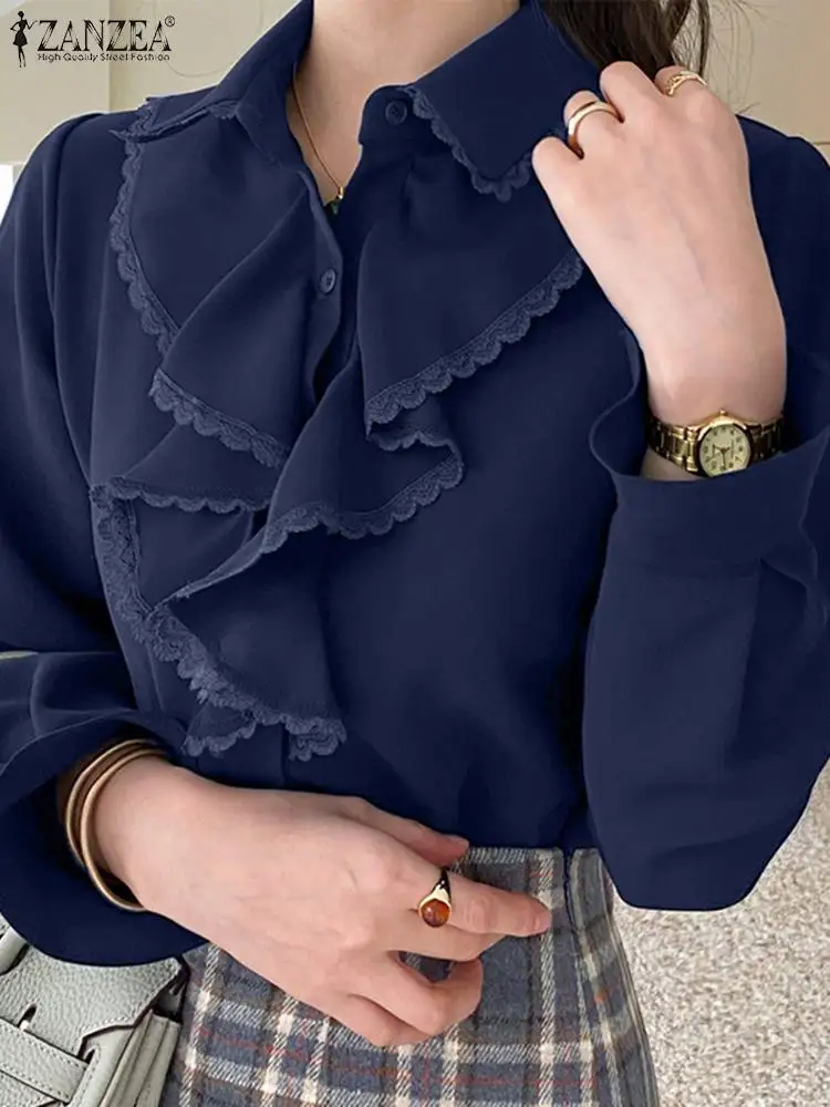 

2022 ZANZEA OL Long Sleeve Tops Spring Autumn Solid Ruffle Blusas Casual Lace Patchwork Camisa Tunic Women's Elegant White Shirt