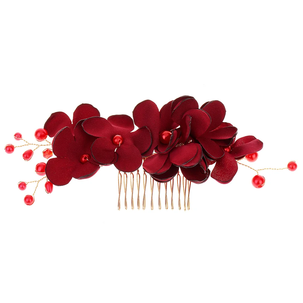 

1PC Cloth Flower Hair Side Comb Imitation Floral Beads Decor Hair Comb Hair Accessory for Women (Red)