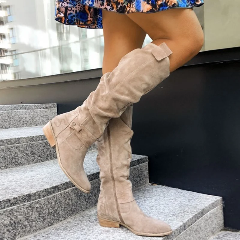 

Fashion New Low Heel Side Zip Size 43 Suede Thigh High Women's Boots Retro Woman Booties Autumn Winter Knee High Boots