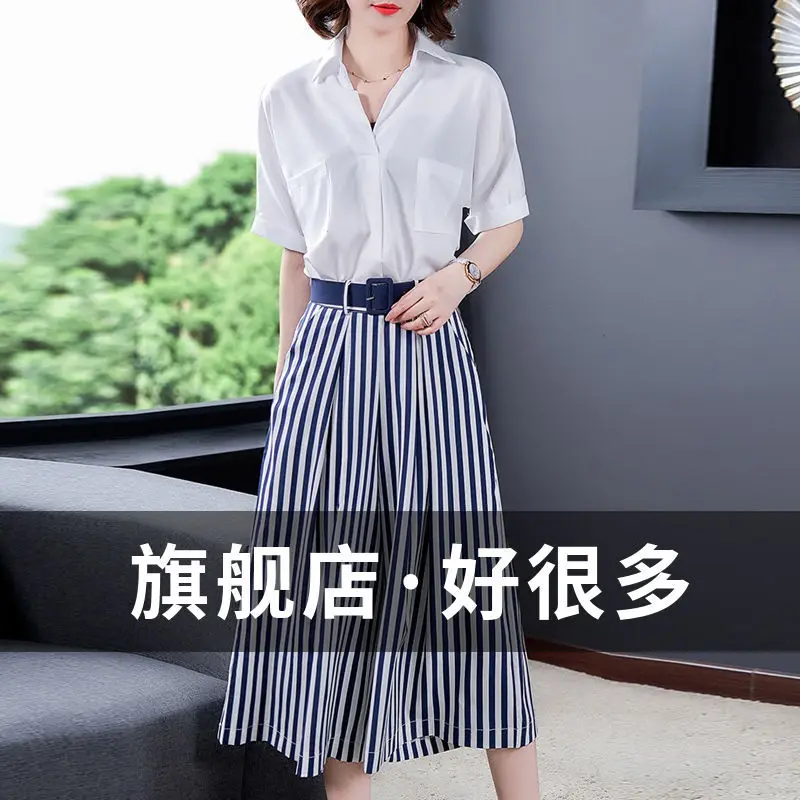 

Women 2022 Summer Fashion Suits Female Short Sleeve Pockets Shirts + High Waist Striped Wide Leg Pants Ladies 2 Piece Sets F175