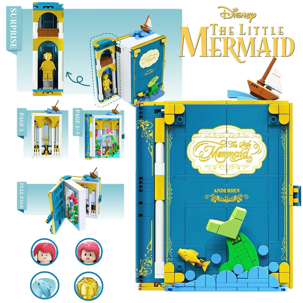 

Disney Mermaid Princess Storybook Book Adventure Alice Cinderella Fairy Tale Friends Idea Buildings Blocks Brick Toys for Girls