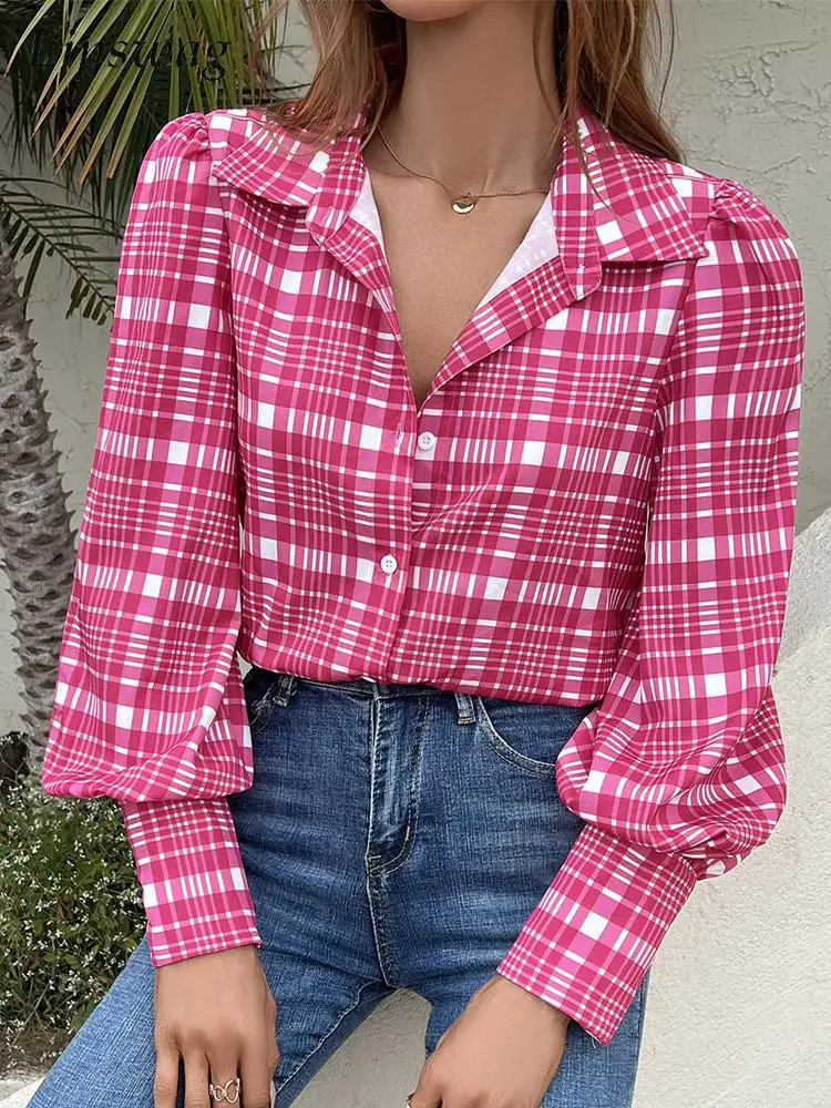 

2022 Chic Plaid Print Womens Blouse Fashion Button Office Ladies Shirts Blusa Elegant Turn-down Collar Long Sleeve Tops Blouses