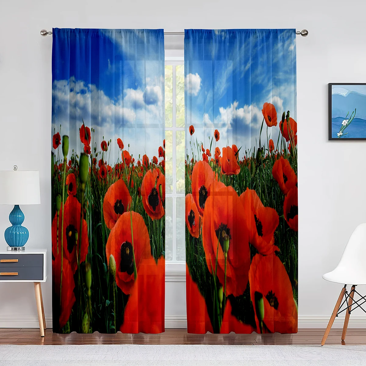 

Red Poppies on Green Field Floral Sheer Curtains Living Room Window Tulle Curtains for Bedroom Kitchen Home Decor Voile Drapes