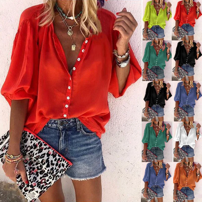 

Women Leisure Shirts Button V-neck Top Lady Loose Long Sleeve Oversize Shirt Womens Blouses Autumn Blusas