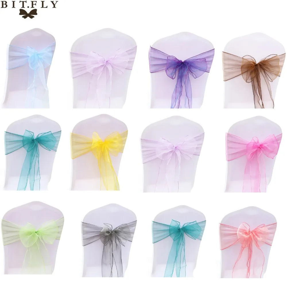 

BIT.FLY 25PCs/Set Sheer Organza Tull Fabric Chair Cover Sash Bow Sashes Wedding Party Banquet Decoration 20 Colors Free Shipping