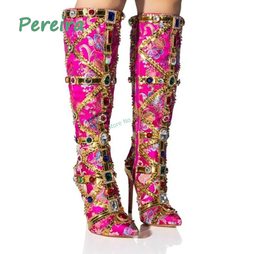 

Luxurious Floral Satin Brocade Knee Boots Jeweled Trim Pointed Toe Thin High Heel Party Plus Size Shoes For Free Shipping