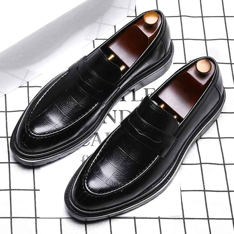 

Korean style mens casual business wedding formal dresses genuine leather shoes slip-on driving shoe breathable platform loafers