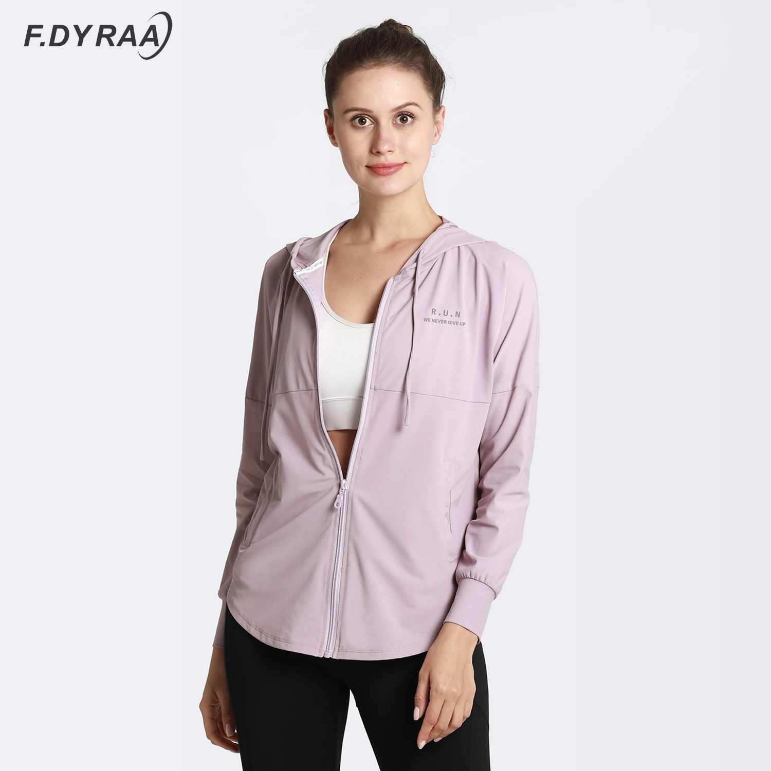 

F.DYRAA Women Running Zipper Hooded Jackets Loose Sports Long Sleeve Coats Quick Dry Fitness Yoga Workout Outerwear For Woman