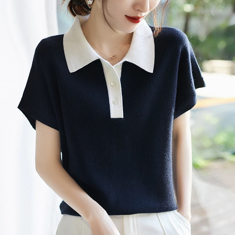 

Vangull Summer Fashion Patchwork Women Soft Knitted Sweater Short Sleeve Turn-down Collar Female Pullovers Loose Ladies Tops