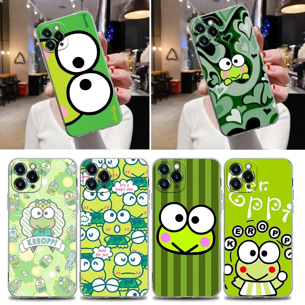 Милый прозрачный чехол с рисунком Keroppi Green Frog для iPhone 16 15 14 13 12 11 Pro Max Mini Xs XR X 7 8 Plus 6