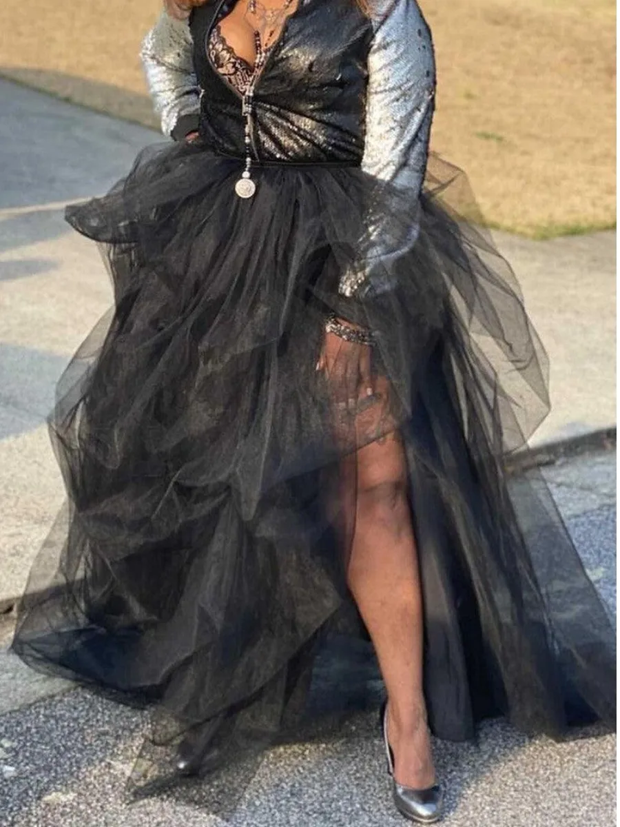 LW Plus Size Split Ball Gown Puffy Skirt 2022 Casual Elastic Mesh Puffy Women's Irregular Ball Gown Lady Oversize Tulle Skirt