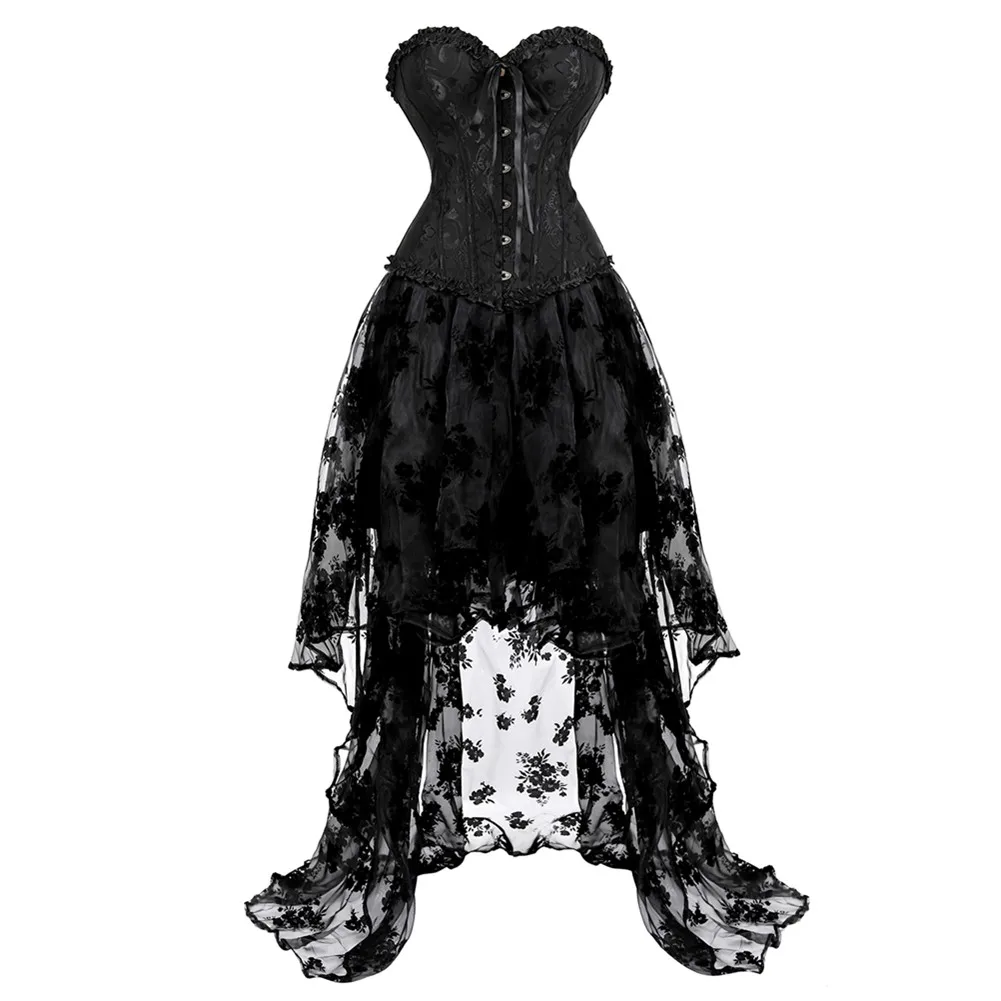 Купи Black Victorian Gothic Corset Dress Sexy Overbust Corset with Tutu Lace Skirt Set Burlesque Costume Plus Size Corset Dresses за 2,007 рублей в магазине AliExpress
