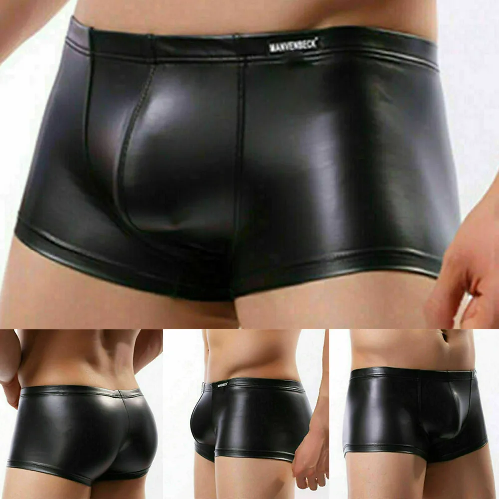 

Boxershorts Men Patent Leather Shorts Underwear U Pouch Boxer Briefs Trunks Solid Color Sexy Bandage Metal Male Panties