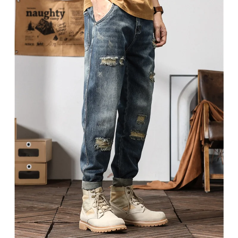 Men Clothing 2022 New Straight Loose Cylinder Jeans Vintage Comfortable Blue Ripped  Harun Trousers Female Autumn and Winter
