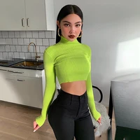 turtleneck fluorescent green sweater thin crop top skinny long sleeve autumn winter casual jumpers women thin sweater
