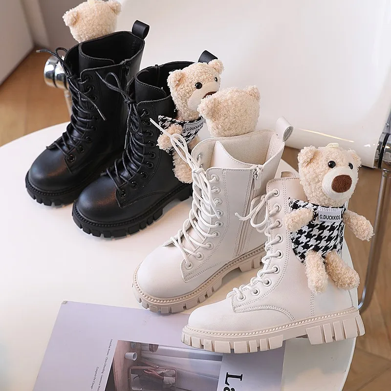 

Girls Boots Unique Korean Style with Little Bear Doll Cute Casual Solid Color Side Zip Child Fashion Mid-calf Boots 2022 Autumn