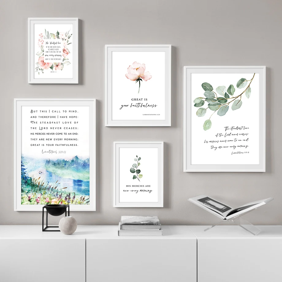 Lamentations 3:23 Bible Verse Watercolor Flowers Painting Canvas Prints Scripture Quotes Poster Bedroom Wall Art Pictures Decor |