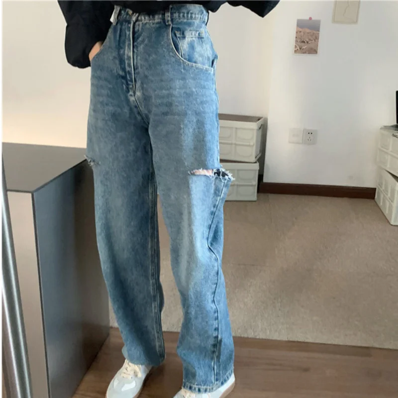 

High GIGYW Same Style Loose Wide Leg Thin Thigh Cut Hole Ripped Jeans Trousers Autumn Women 2023 New Sale Items Fashion