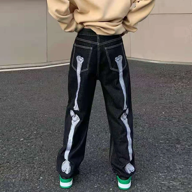 

Mens Jeans Pants Vibe Style Straight Casual Oversize Denin Trousers Streetwear Retro Skull Hand Bone Embroidery Washed