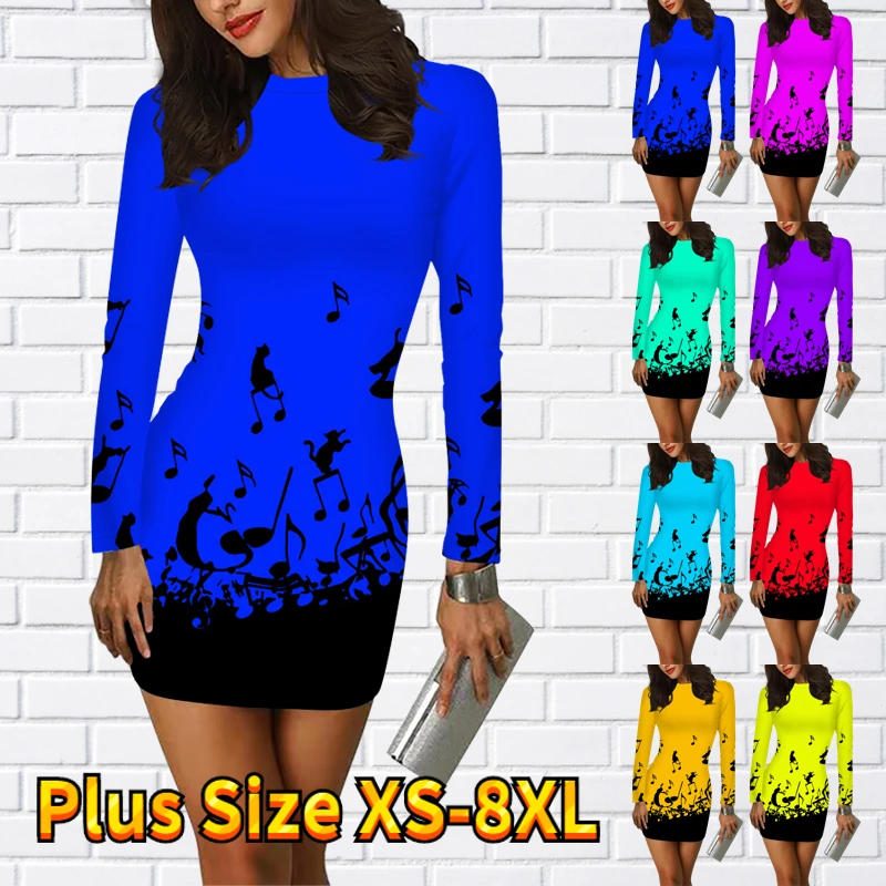 

2022 New Autumn New Design Printing Tight Skirt Round Neck Fashion Dress Long Sleeve Skirt Winter Women Temperament Short Skirts