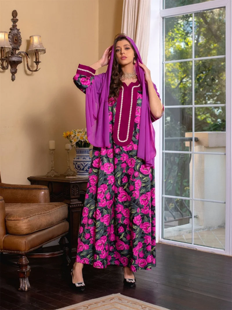 Abaya Dubai Turkey Muslim Hijab Dress Floral Printed Dress Luxury Diamonds V-neck Patchwork Long Sleeve Ramadan Clothes Spring