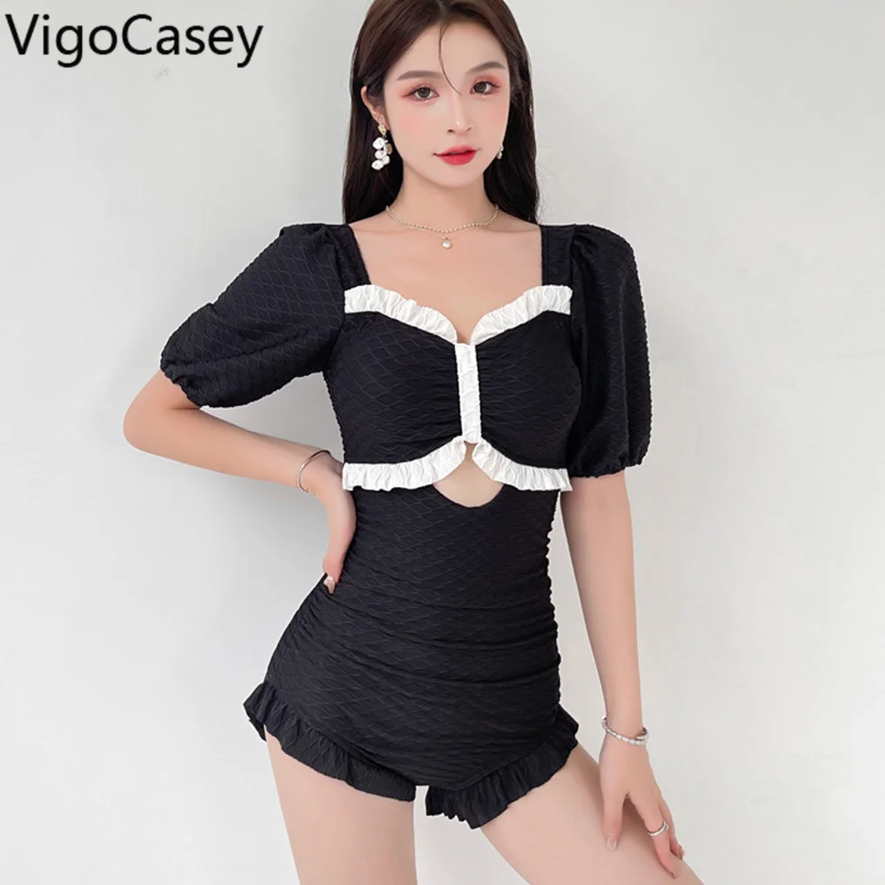 

Однотонные женские купальники VigoAnne с коротким рукавом 2022, сексуальный сплошной купальник с пуш-ап, монокини в Корейском стиле